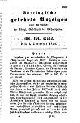 Göttingische gelehrte Anzeigen (Göttingische Zeitungen von gelehrten Sachen) Donnerstag 1. Dezember 1859