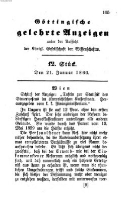 Göttingische gelehrte Anzeigen (Göttingische Zeitungen von gelehrten Sachen) Samstag 21. Januar 1860