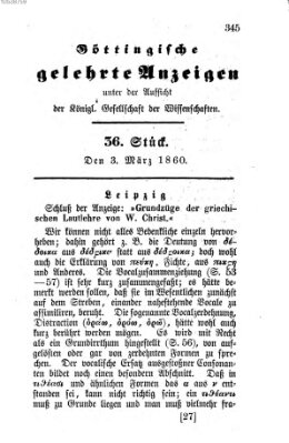 Göttingische gelehrte Anzeigen (Göttingische Zeitungen von gelehrten Sachen) Samstag 3. März 1860