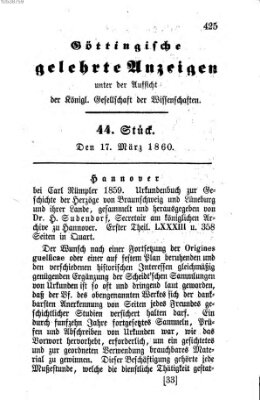 Göttingische gelehrte Anzeigen (Göttingische Zeitungen von gelehrten Sachen) Samstag 17. März 1860