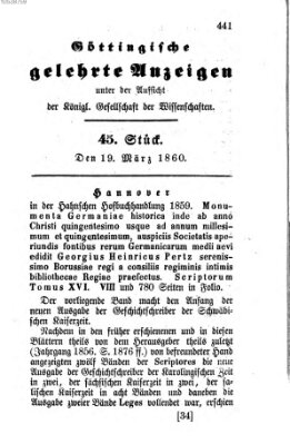 Göttingische gelehrte Anzeigen (Göttingische Zeitungen von gelehrten Sachen) Montag 19. März 1860