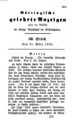 Göttingische gelehrte Anzeigen (Göttingische Zeitungen von gelehrten Sachen) Samstag 31. März 1860