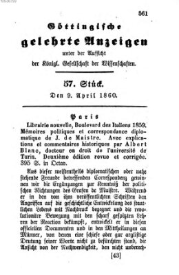 Göttingische gelehrte Anzeigen (Göttingische Zeitungen von gelehrten Sachen) Montag 9. April 1860