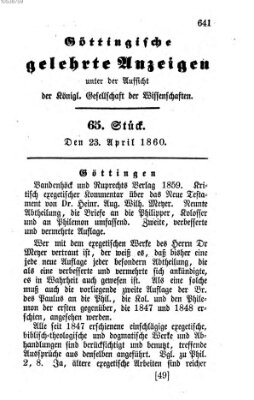 Göttingische gelehrte Anzeigen (Göttingische Zeitungen von gelehrten Sachen) Montag 23. April 1860