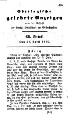 Göttingische gelehrte Anzeigen (Göttingische Zeitungen von gelehrten Sachen) Samstag 28. April 1860