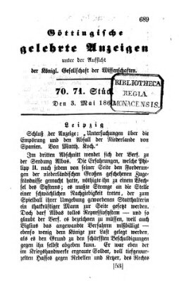 Göttingische gelehrte Anzeigen (Göttingische Zeitungen von gelehrten Sachen) Donnerstag 3. Mai 1860