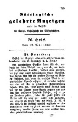 Göttingische gelehrte Anzeigen (Göttingische Zeitungen von gelehrten Sachen) Samstag 12. Mai 1860