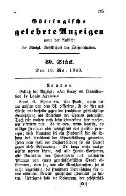 Göttingische gelehrte Anzeigen (Göttingische Zeitungen von gelehrten Sachen) Samstag 19. Mai 1860