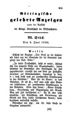 Göttingische gelehrte Anzeigen (Göttingische Zeitungen von gelehrten Sachen) Samstag 9. Juni 1860