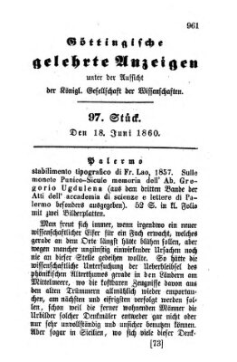 Göttingische gelehrte Anzeigen (Göttingische Zeitungen von gelehrten Sachen) Montag 18. Juni 1860