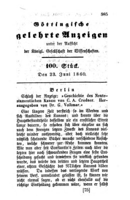 Göttingische gelehrte Anzeigen (Göttingische Zeitungen von gelehrten Sachen) Samstag 23. Juni 1860