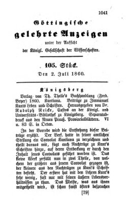 Göttingische gelehrte Anzeigen (Göttingische Zeitungen von gelehrten Sachen) Montag 2. Juli 1860