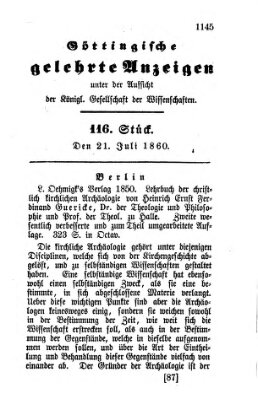 Göttingische gelehrte Anzeigen (Göttingische Zeitungen von gelehrten Sachen) Samstag 21. Juli 1860