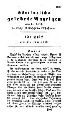 Göttingische gelehrte Anzeigen (Göttingische Zeitungen von gelehrten Sachen) Samstag 28. Juli 1860