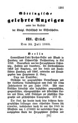 Göttingische gelehrte Anzeigen (Göttingische Zeitungen von gelehrten Sachen) Montag 30. Juli 1860