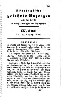 Göttingische gelehrte Anzeigen (Göttingische Zeitungen von gelehrten Sachen) Montag 27. August 1860