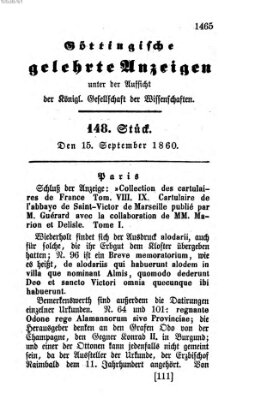 Göttingische gelehrte Anzeigen (Göttingische Zeitungen von gelehrten Sachen) Samstag 15. September 1860