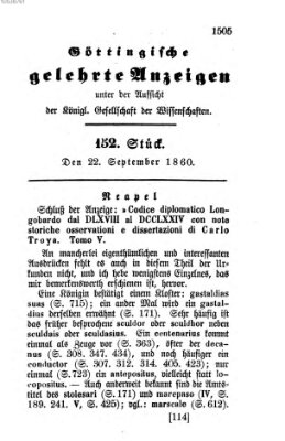 Göttingische gelehrte Anzeigen (Göttingische Zeitungen von gelehrten Sachen) Samstag 22. September 1860