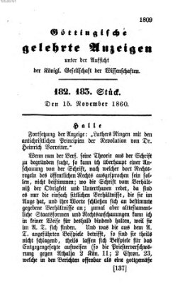 Göttingische gelehrte Anzeigen (Göttingische Zeitungen von gelehrten Sachen) Donnerstag 15. November 1860