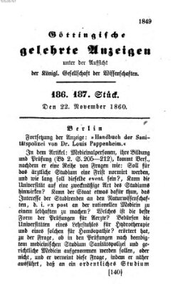 Göttingische gelehrte Anzeigen (Göttingische Zeitungen von gelehrten Sachen) Donnerstag 22. November 1860