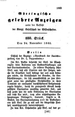 Göttingische gelehrte Anzeigen (Göttingische Zeitungen von gelehrten Sachen) Samstag 24. November 1860