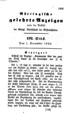 Göttingische gelehrte Anzeigen (Göttingische Zeitungen von gelehrten Sachen) Samstag 1. Dezember 1860