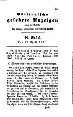 Göttingische gelehrte Anzeigen (Göttingische Zeitungen von gelehrten Sachen) Mittwoch 17. April 1861