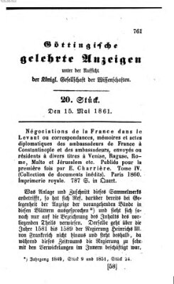 Göttingische gelehrte Anzeigen (Göttingische Zeitungen von gelehrten Sachen) Mittwoch 15. Mai 1861