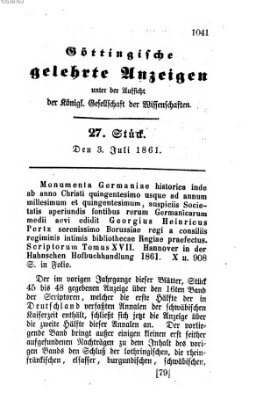 Göttingische gelehrte Anzeigen (Göttingische Zeitungen von gelehrten Sachen) Mittwoch 3. Juli 1861