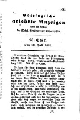 Göttingische gelehrte Anzeigen (Göttingische Zeitungen von gelehrten Sachen) Mittwoch 10. Juli 1861