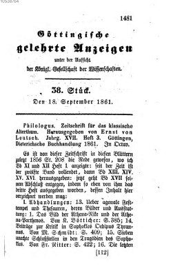 Göttingische gelehrte Anzeigen (Göttingische Zeitungen von gelehrten Sachen) Mittwoch 18. September 1861