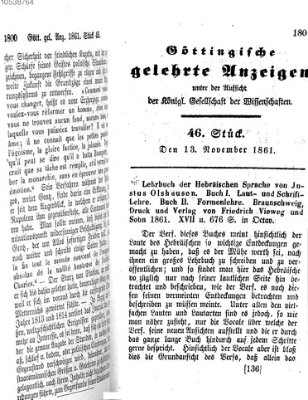 Göttingische gelehrte Anzeigen (Göttingische Zeitungen von gelehrten Sachen) Mittwoch 13. November 1861