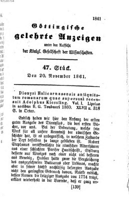 Göttingische gelehrte Anzeigen (Göttingische Zeitungen von gelehrten Sachen) Mittwoch 20. November 1861