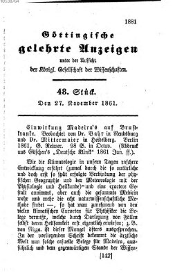 Göttingische gelehrte Anzeigen (Göttingische Zeitungen von gelehrten Sachen) Mittwoch 27. November 1861