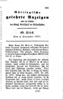 Göttingische gelehrte Anzeigen (Göttingische Zeitungen von gelehrten Sachen) Mittwoch 4. Dezember 1861