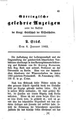 Göttingische gelehrte Anzeigen (Göttingische Zeitungen von gelehrten Sachen) Mittwoch 8. Januar 1862