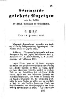 Göttingische gelehrte Anzeigen (Göttingische Zeitungen von gelehrten Sachen) Mittwoch 19. Februar 1862