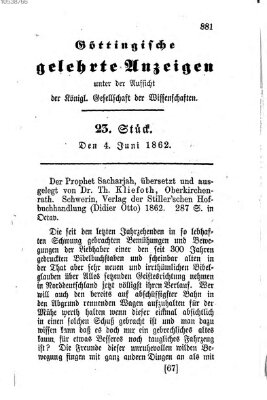 Göttingische gelehrte Anzeigen (Göttingische Zeitungen von gelehrten Sachen) Mittwoch 4. Juni 1862