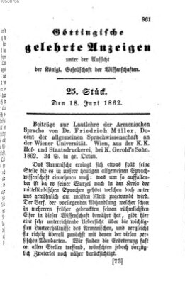 Göttingische gelehrte Anzeigen (Göttingische Zeitungen von gelehrten Sachen) Mittwoch 18. Juni 1862