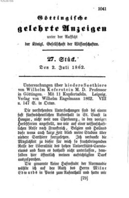 Göttingische gelehrte Anzeigen (Göttingische Zeitungen von gelehrten Sachen) Mittwoch 2. Juli 1862