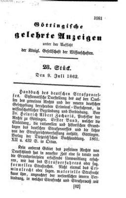 Göttingische gelehrte Anzeigen (Göttingische Zeitungen von gelehrten Sachen) Mittwoch 9. Juli 1862