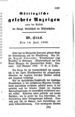 Göttingische gelehrte Anzeigen (Göttingische Zeitungen von gelehrten Sachen) Mittwoch 16. Juli 1862