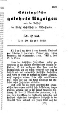 Göttingische gelehrte Anzeigen (Göttingische Zeitungen von gelehrten Sachen) Mittwoch 20. August 1862