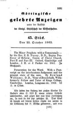 Göttingische gelehrte Anzeigen (Göttingische Zeitungen von gelehrten Sachen) Mittwoch 22. Oktober 1862