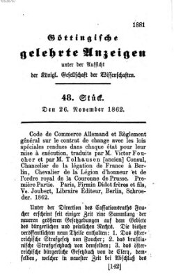 Göttingische gelehrte Anzeigen (Göttingische Zeitungen von gelehrten Sachen) Mittwoch 26. November 1862