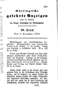 Göttingische gelehrte Anzeigen (Göttingische Zeitungen von gelehrten Sachen) Mittwoch 3. Dezember 1862