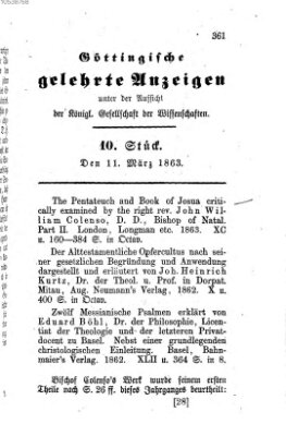 Göttingische gelehrte Anzeigen (Göttingische Zeitungen von gelehrten Sachen) Mittwoch 11. März 1863