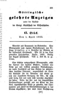 Göttingische gelehrte Anzeigen (Göttingische Zeitungen von gelehrten Sachen) Mittwoch 1. April 1863