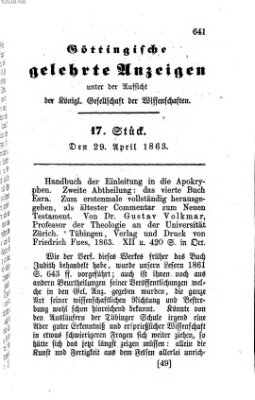 Göttingische gelehrte Anzeigen (Göttingische Zeitungen von gelehrten Sachen) Mittwoch 29. April 1863