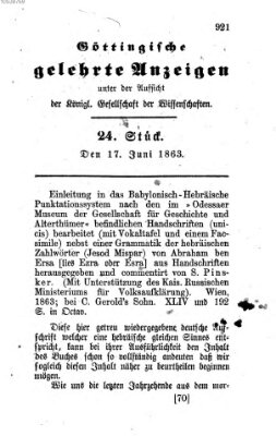 Göttingische gelehrte Anzeigen (Göttingische Zeitungen von gelehrten Sachen) Mittwoch 17. Juni 1863